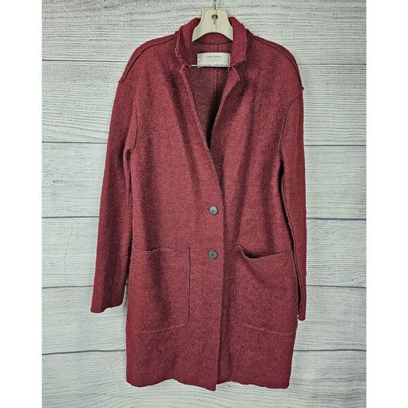 Zara Basic Outerwear Department Wool Blend Long Knit Coat Burgundy Size X-Small - Picture 1 of 5